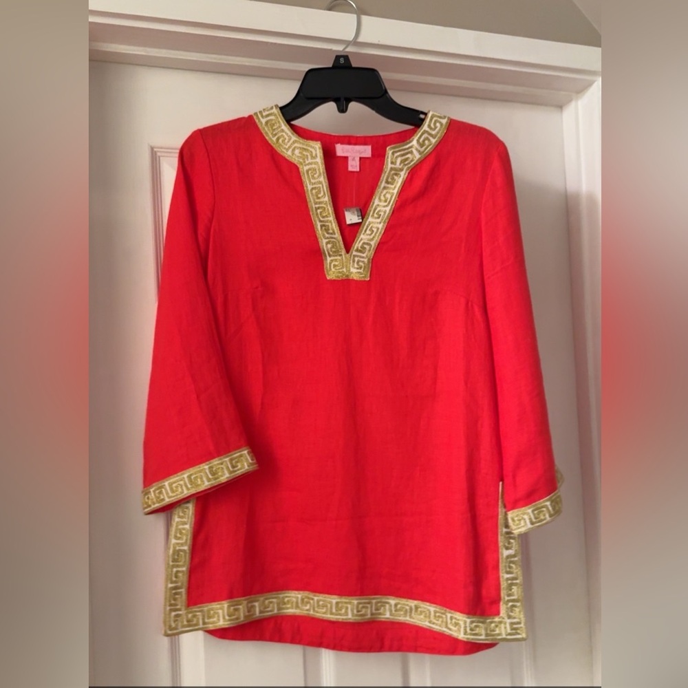 Lilly Pulitzer Red and Gold Embellished Tunic with Mandarin Collar